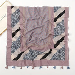 Vintage Plaid Tassel Scarf Dark Pink Shawl Boho Head Wrap