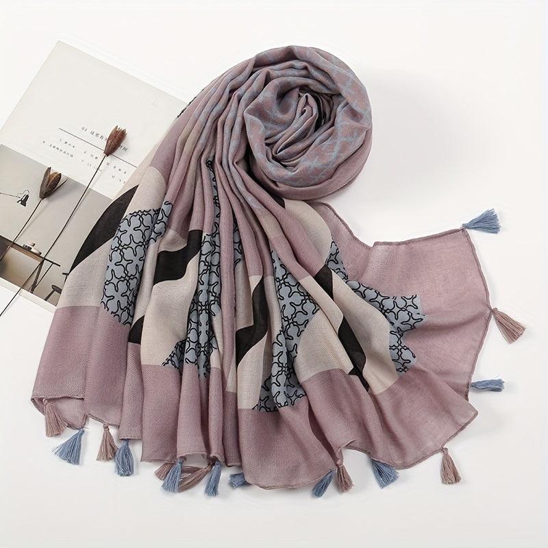 Vintage Plaid Tassel Scarf Dark Pink Shawl Boho Head Wrap