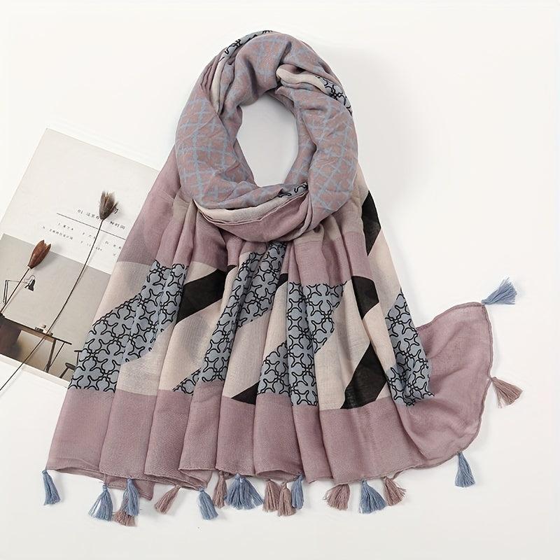Vintage Plaid Tassel Scarf Dark Pink Shawl Boho Head Wrap