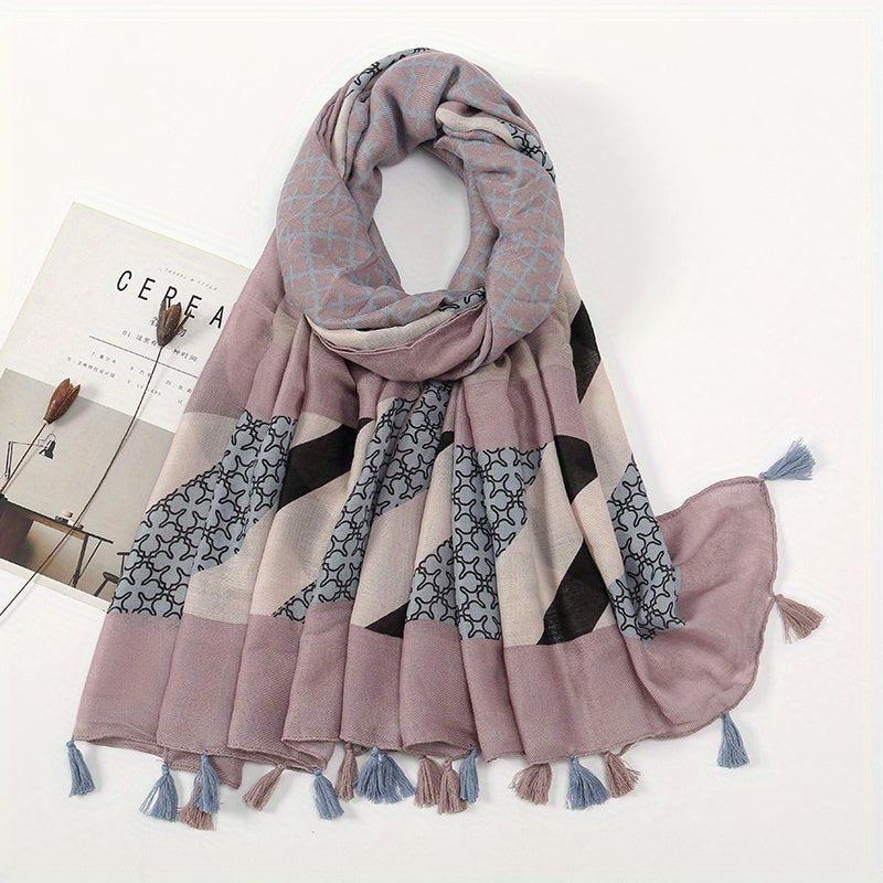Vintage Plaid Tassel Scarf Dark Pink Shawl Boho Head Wrap