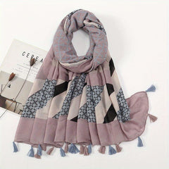 Vintage Plaid Tassel Scarf Dark Pink Shawl Boho Head Wrap