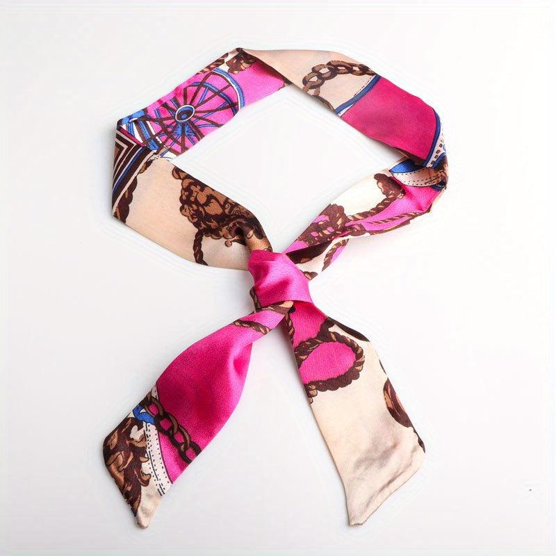 Chain Print Skinny Scarf Satin Neckerchief Long Ribbon Twilly Scarf
