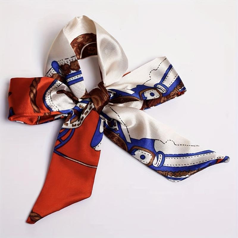 Chain Print Skinny Scarf Satin Neckerchief Long Ribbon Twilly Scarf