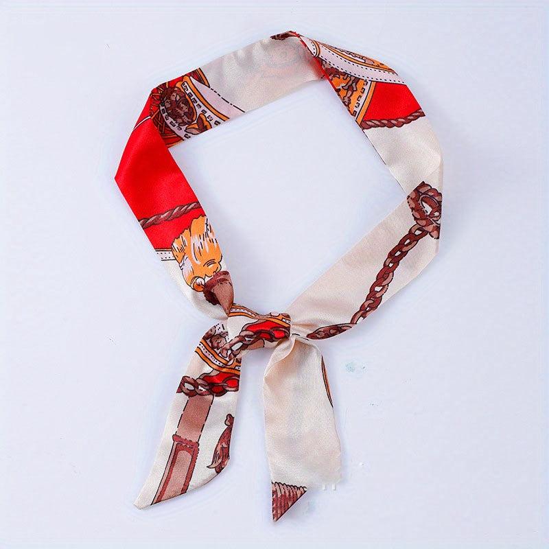Chain Print Skinny Scarf Satin Neckerchief Long Ribbon Twilly Scarf