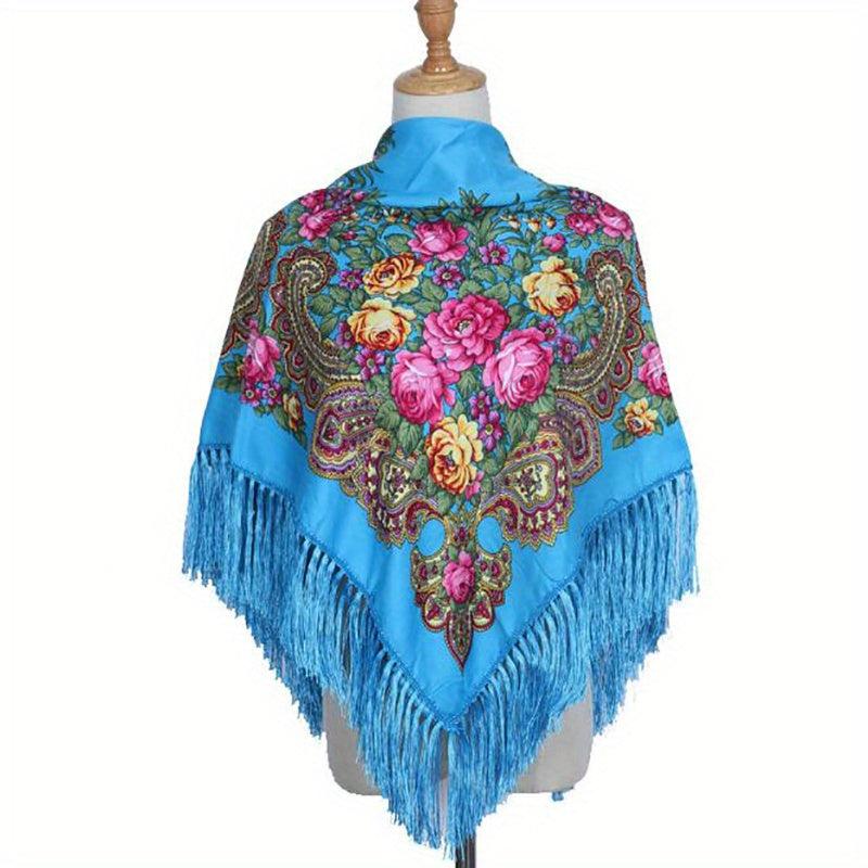 Boho Flower Print Shawl Tassel Wrap Vintage Windproof Warm Cape