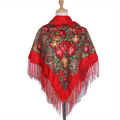 Boho Flower Print Shawl Tassel Wrap Vintage Windproof Warm Cape
