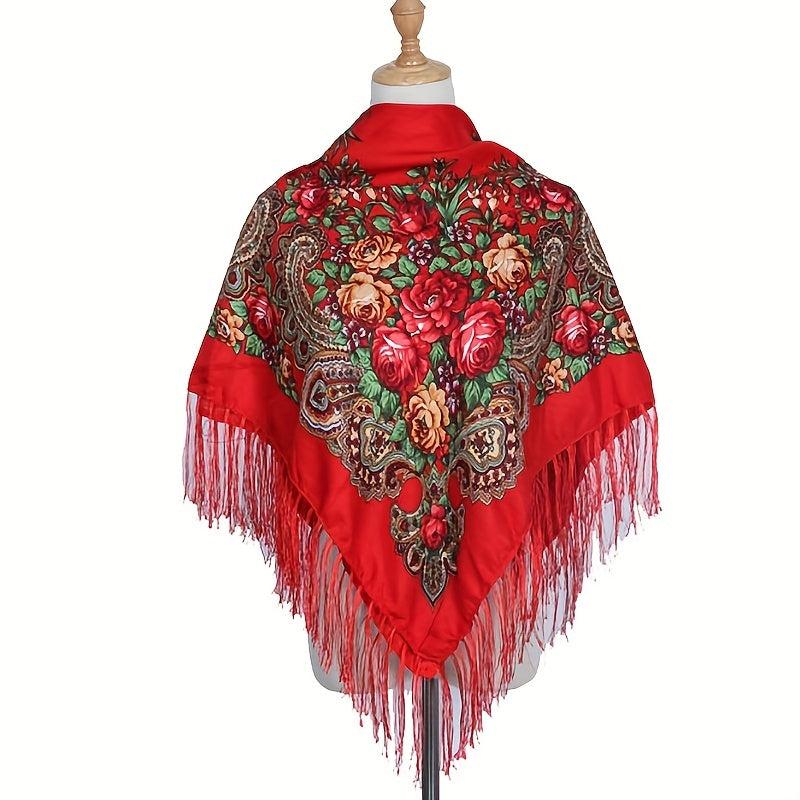 Boho Flower Print Shawl Tassel Wrap Vintage Windproof Warm Cape