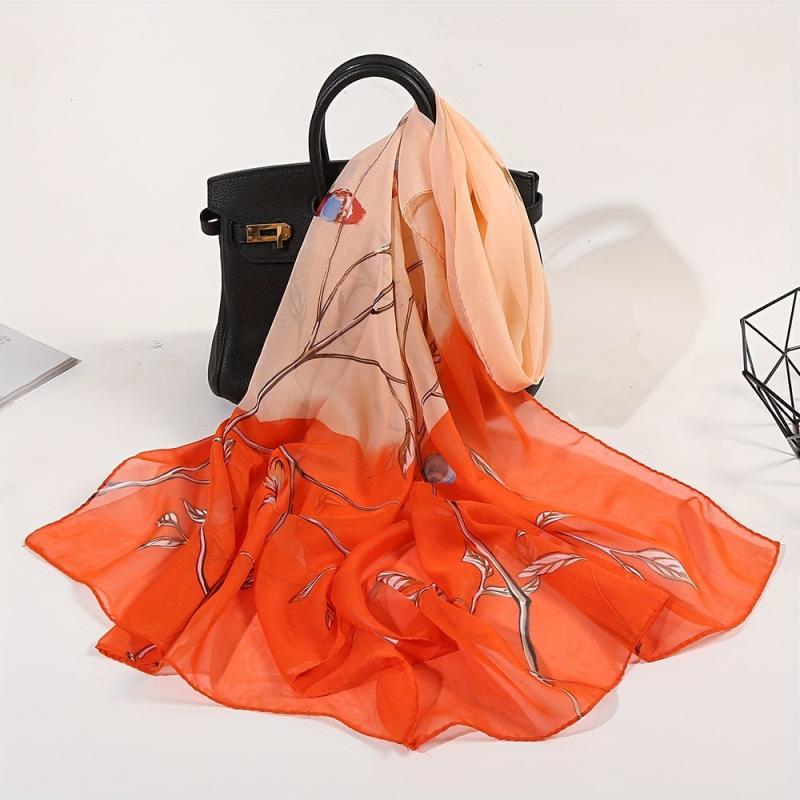 Flower Print Gradient Scarf Gauze Shawl Head Wrap