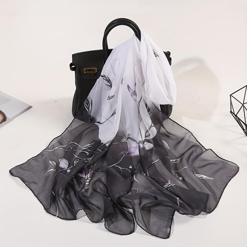 Flower Print Gradient Scarf Gauze Shawl Head Wrap