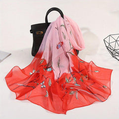 Flower Print Gradient Scarf Gauze Shawl Head Wrap