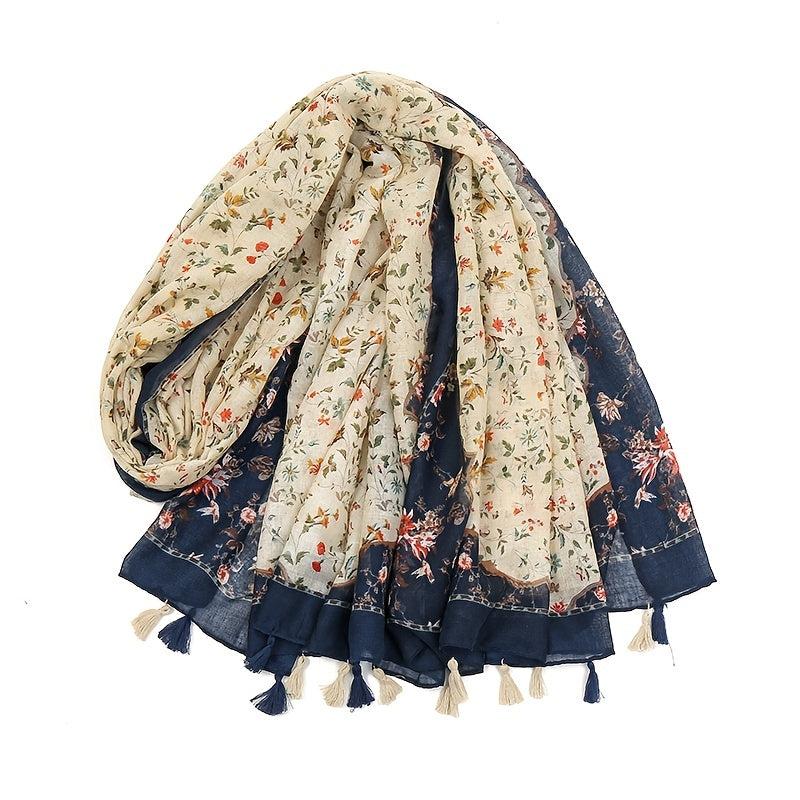 Boho Floral Printed Fringed Scarf Fall Winter Shawl