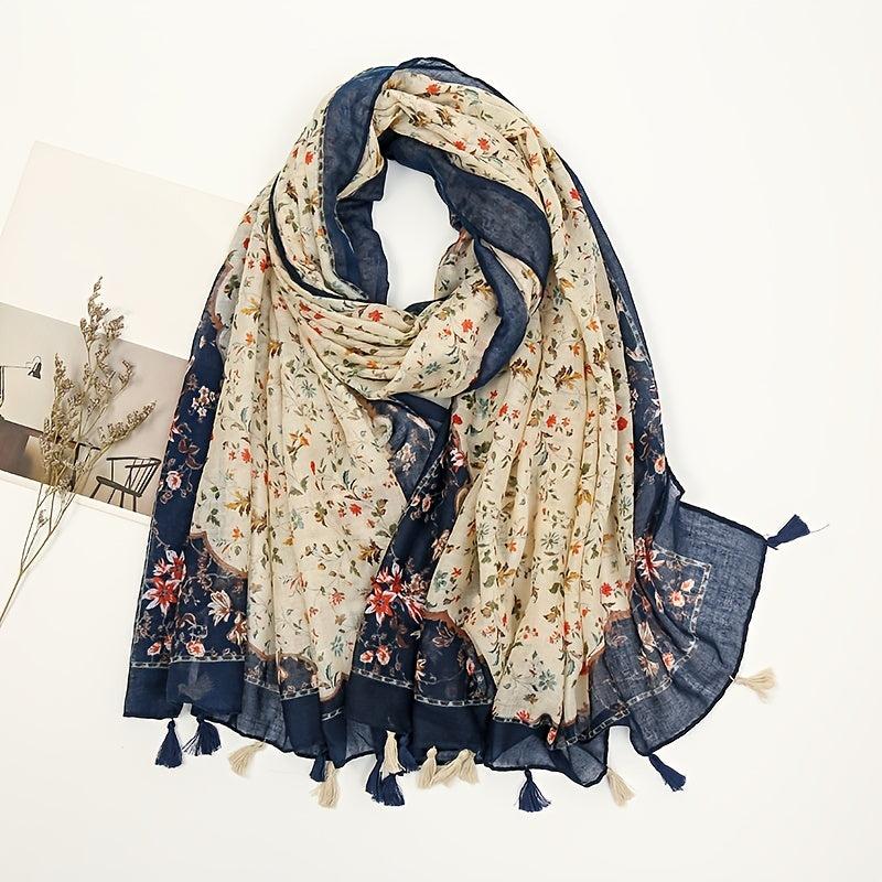 Boho Floral Printed Fringed Scarf Fall Winter Shawl