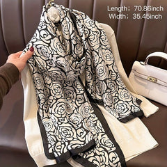 Rose Print Large Scarf Satin Shawl Silk Head Wrap