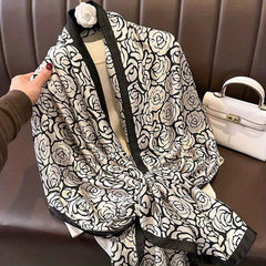 Rose Print Large Scarf Satin Shawl Silk Head Wrap