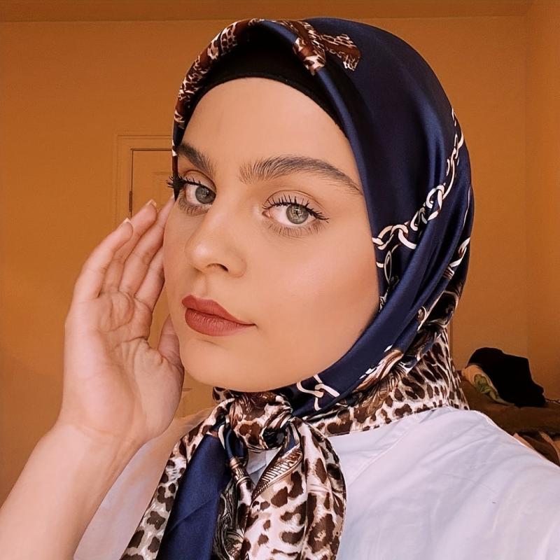 Leopard Chain Print Bandana Hijab Silk Square Scarf Vintage Turban
