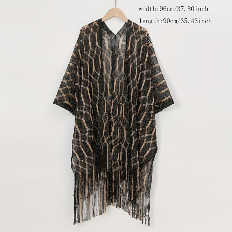 Geometric Striped Print Tassel Shawl Large Wrap Sunscreen Beach Towel