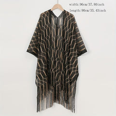 Geometric Striped Print Tassel Shawl Large Wrap Sunscreen Beach Towel