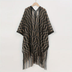 Geometric Striped Print Tassel Shawl Large Wrap Sunscreen Beach Towel