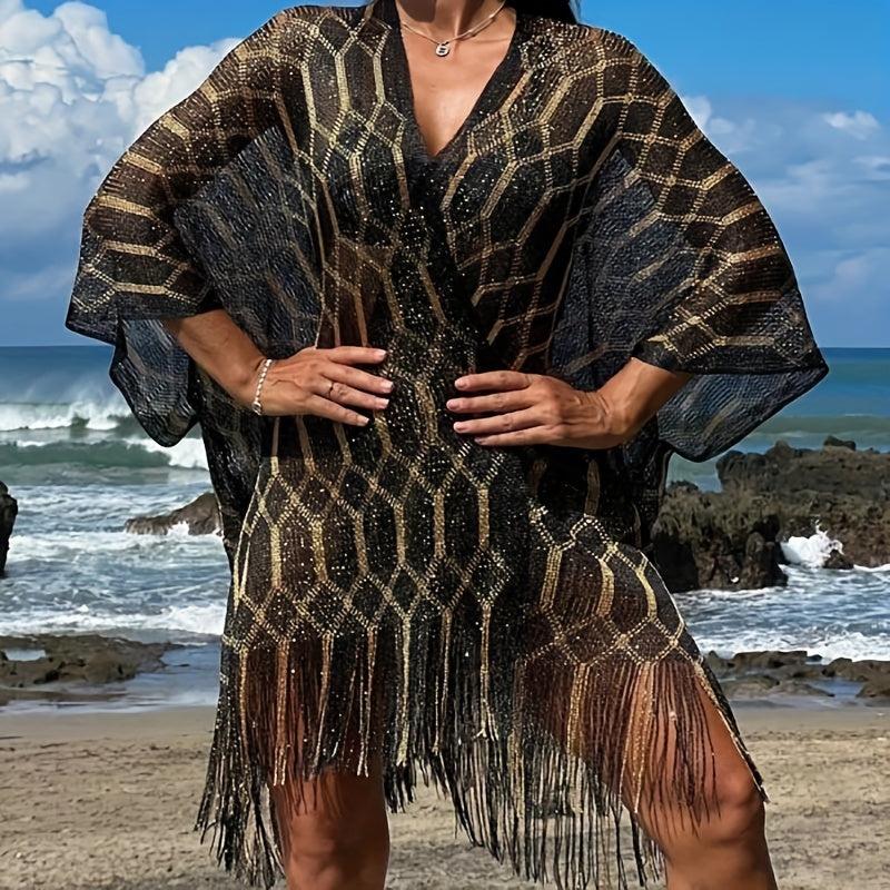 Geometric Striped Print Tassel Shawl Large Wrap Sunscreen Beach Towel