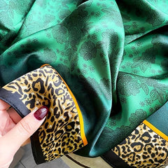 Rose Leopard Print Green Scarf Classic Satin Shawl Silk Head Wrap