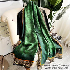 Rose Leopard Print Green Scarf Classic Satin Shawl Silk Head Wrap