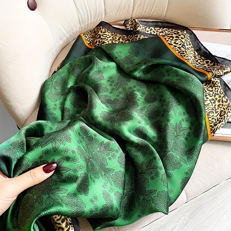Rose Leopard Print Green Scarf Classic Satin Shawl Silk Head Wrap