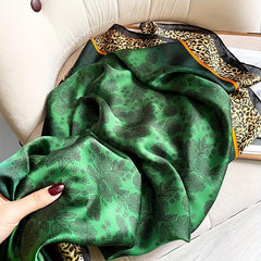 Rose Leopard Print Green Scarf Classic Satin Shawl Silk Head Wrap