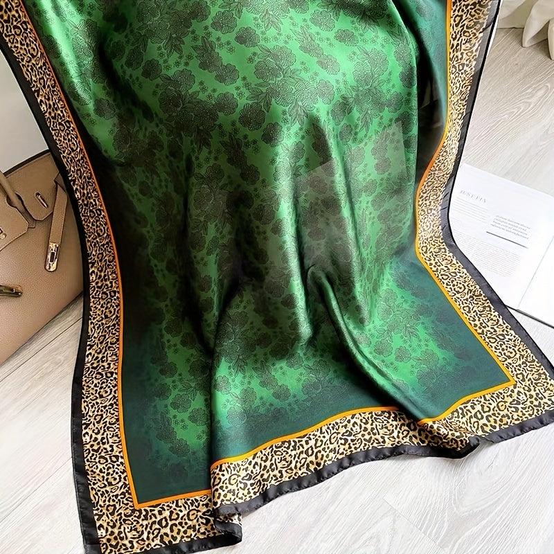 Rose Leopard Print Green Scarf Classic Satin Shawl Silk Head Wrap