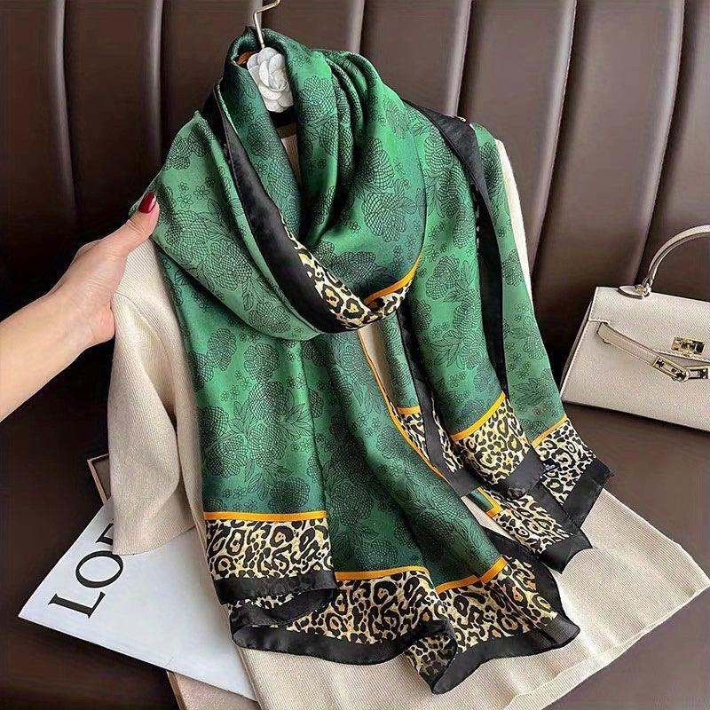 Rose Leopard Print Green Scarf Classic Satin Shawl Silk Head Wrap