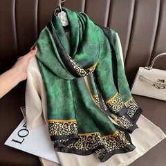 Rose Leopard Print Green Scarf Classic Satin Shawl Silk Head Wrap