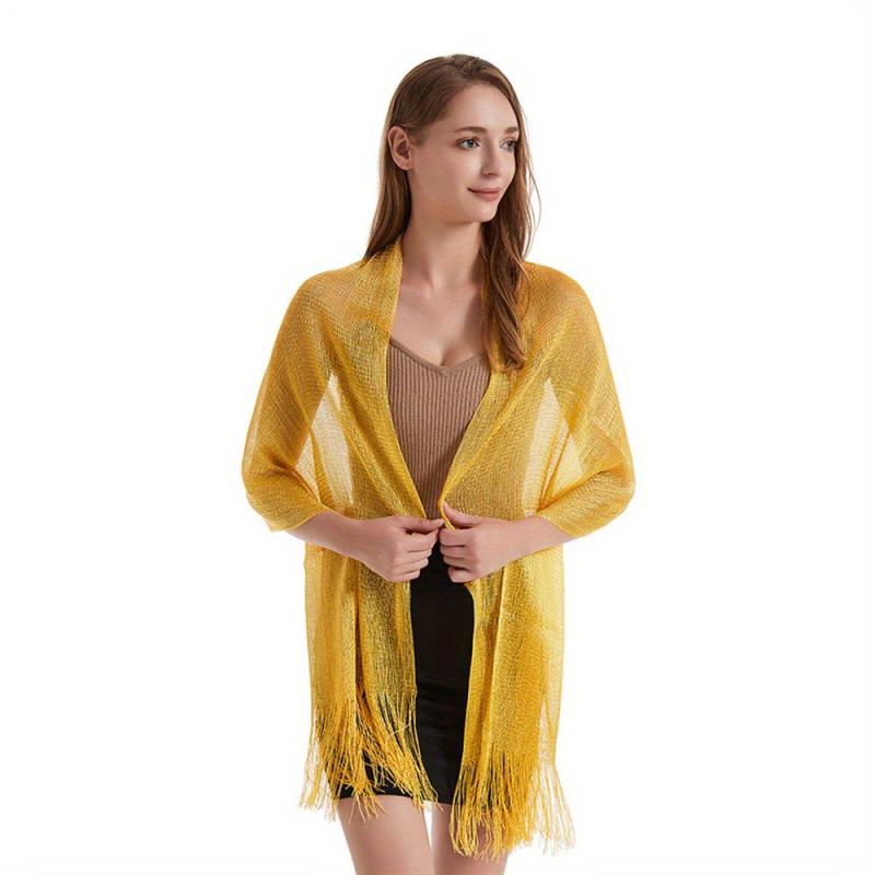 Solid Fringed Shawl Golden Silver Silky Scarf Lightweight Head Scarf