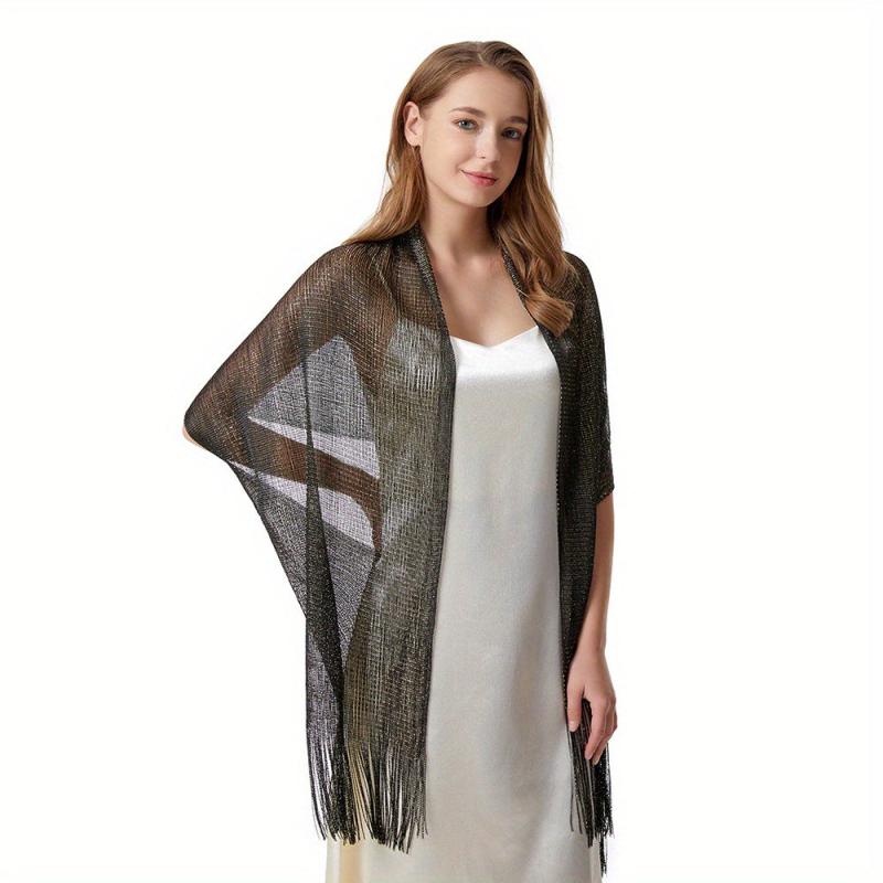 Solid Fringed Shawl Golden Silver Silky Scarf Lightweight Head Scarf