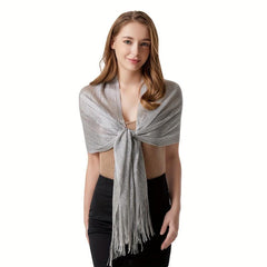Solid Fringed Shawl Golden Silver Silky Scarf Lightweight Head Scarf