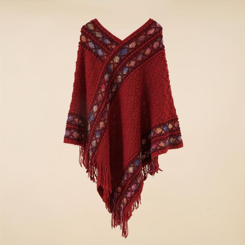 Boho Plaid Knitted Tassel Shawl Vintage Thickened Cape