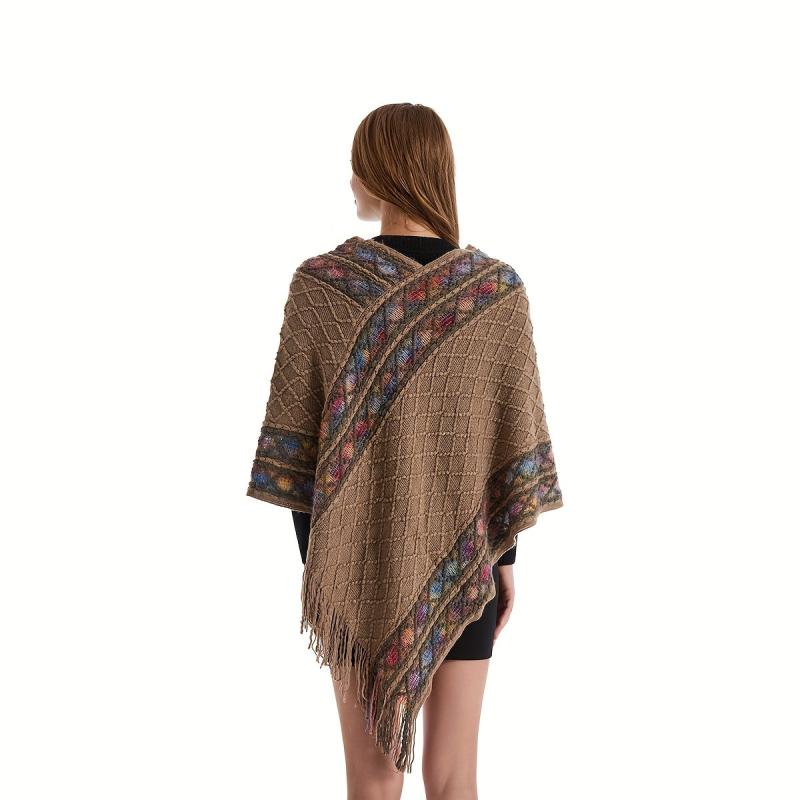Boho Plaid Knitted Tassel Shawl Vintage Thickened Cape