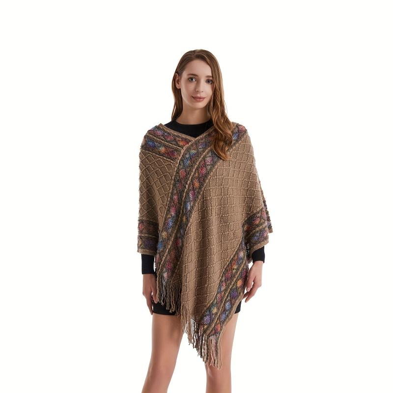 Boho Plaid Knitted Tassel Shawl Vintage Thickened Cape