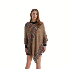 Boho Plaid Knitted Tassel Shawl Vintage Thickened Cape