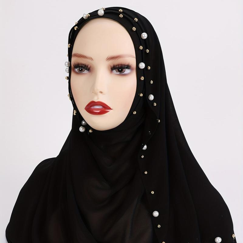 Chiffon Hijab Pearl Decor Head Wrap Casual Scarf Ramadan Turban