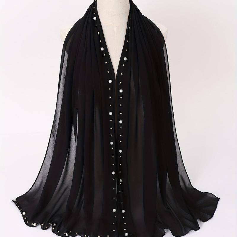 Chiffon Hijab Pearl Decor Head Wrap Casual Scarf Ramadan Turban