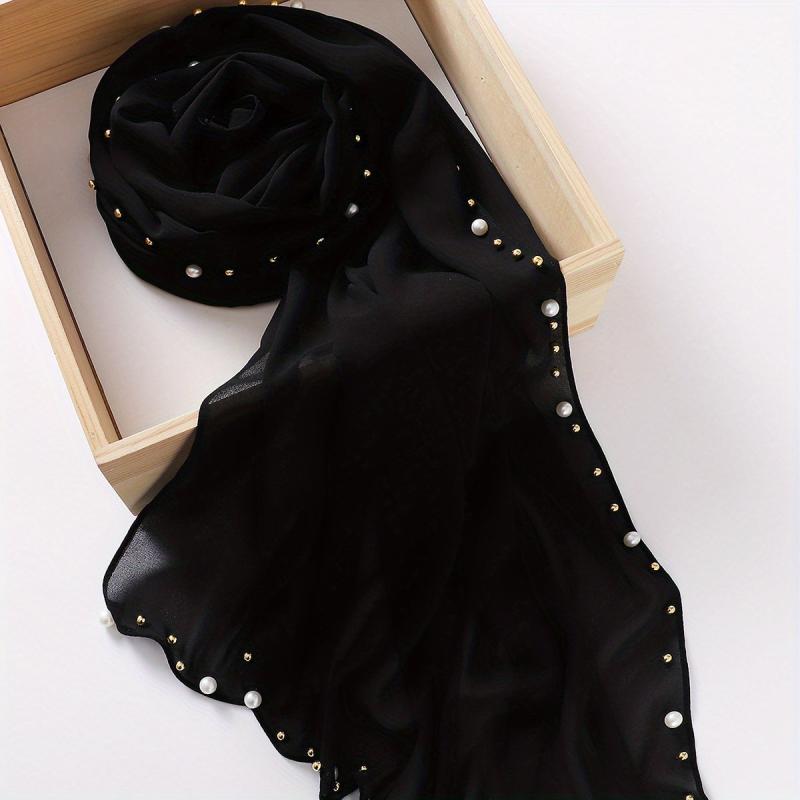 Chiffon Hijab Pearl Decor Head Wrap Casual Scarf Ramadan Turban