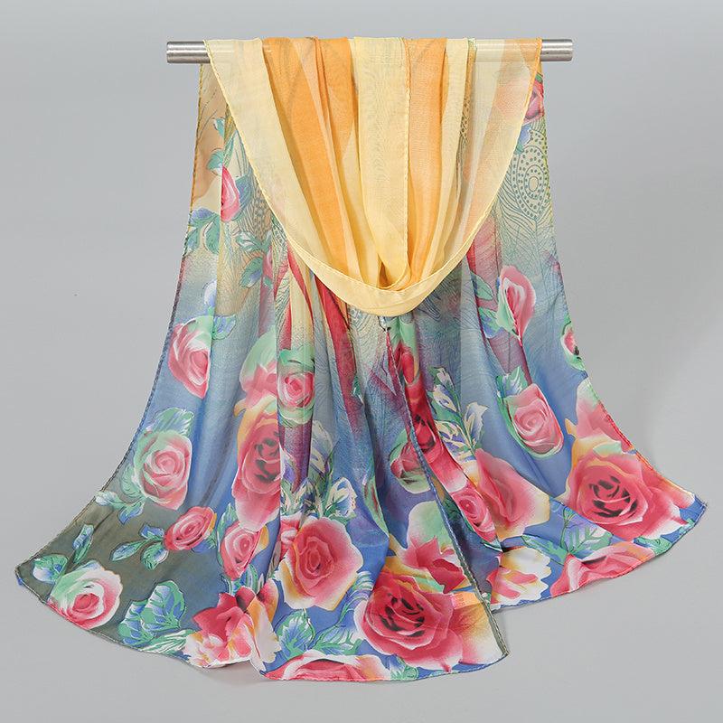 Chiffon Scarf Rose Print Boho Shawl Sunscreen Windproof Head Wrap