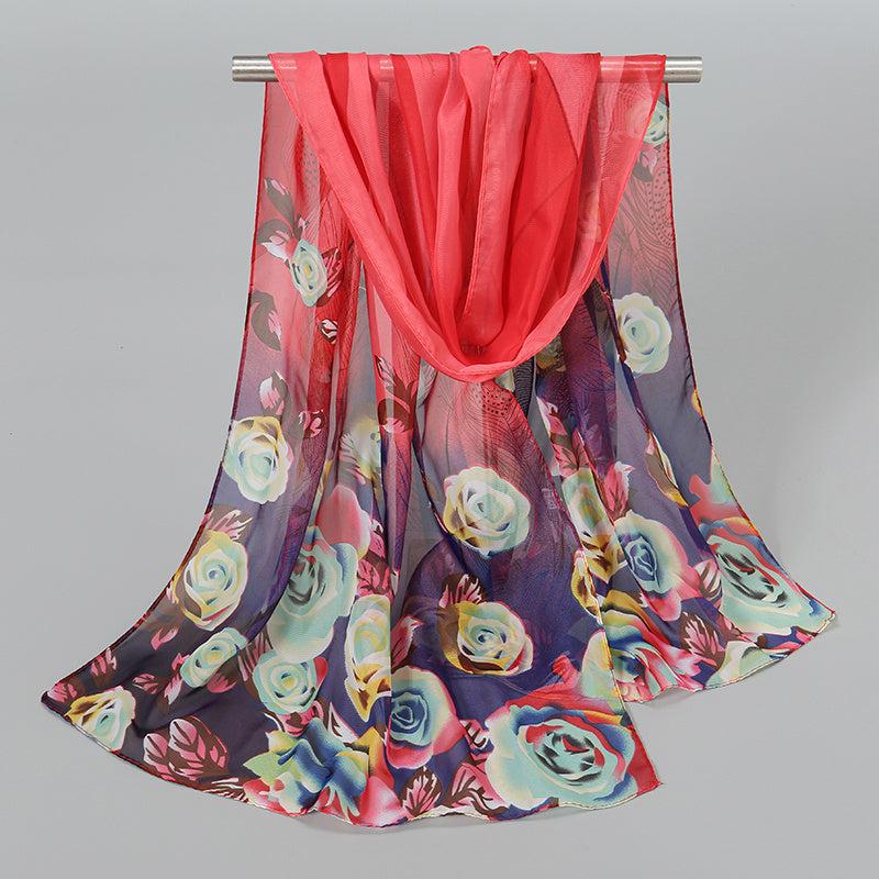 Chiffon Scarf Rose Print Boho Shawl Sunscreen Windproof Head Wrap
