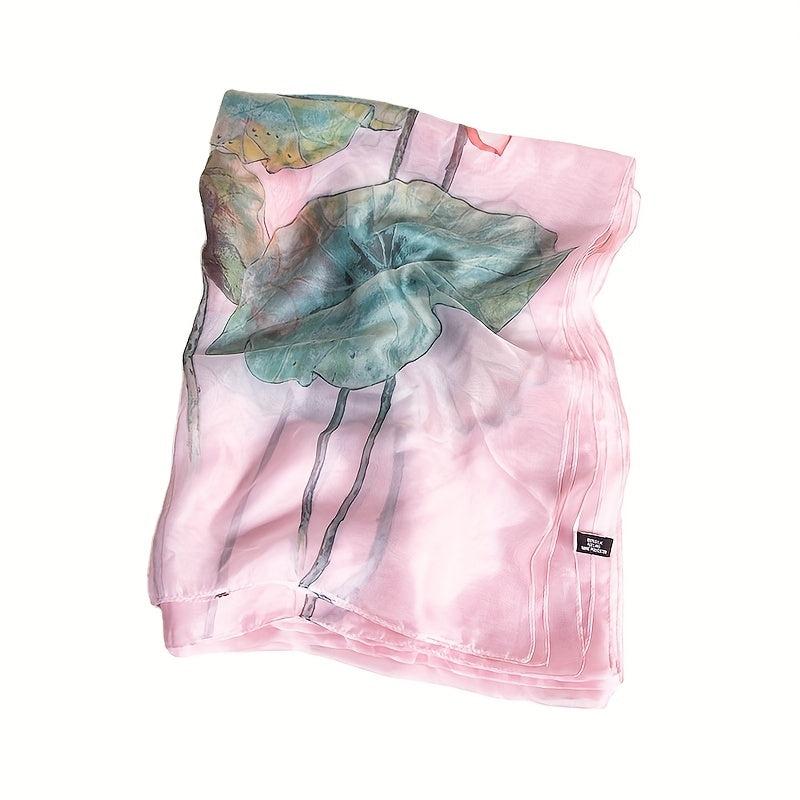 Lotus Print Pink Scarf Oversized Thin Shawl Silk Head Wrap