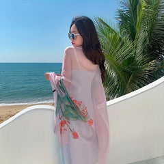 Lotus Print Pink Scarf Oversized Thin Shawl Silk Head Wrap