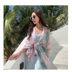 Lotus Print Pink Scarf Oversized Thin Shawl Silk Head Wrap