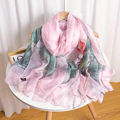 Lotus Print Pink Scarf Oversized Thin Shawl Silk Head Wrap