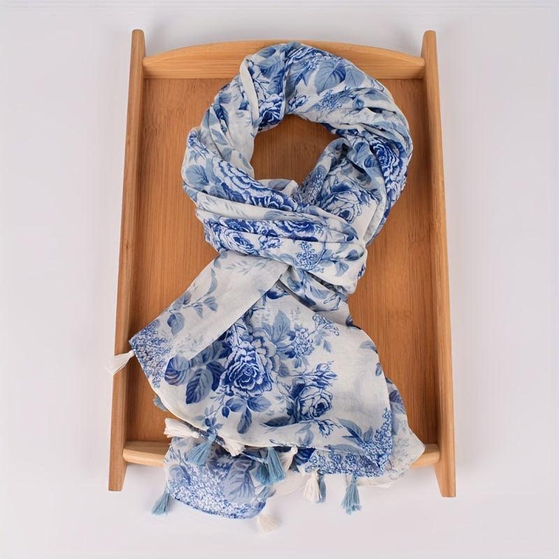 Light Tassel Scarf Classic Flower Pattern Shawl Casual Windproof Head Wrap