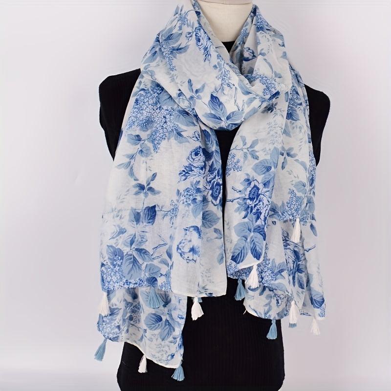 Light Tassel Scarf Classic Flower Pattern Shawl Casual Windproof Head Wrap