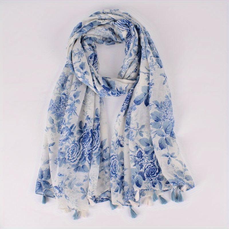 Light Tassel Scarf Classic Flower Pattern Shawl Casual Windproof Head Wrap