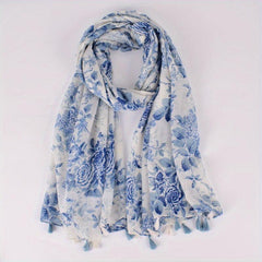 Light Tassel Scarf Classic Flower Pattern Shawl Casual Windproof Head Wrap